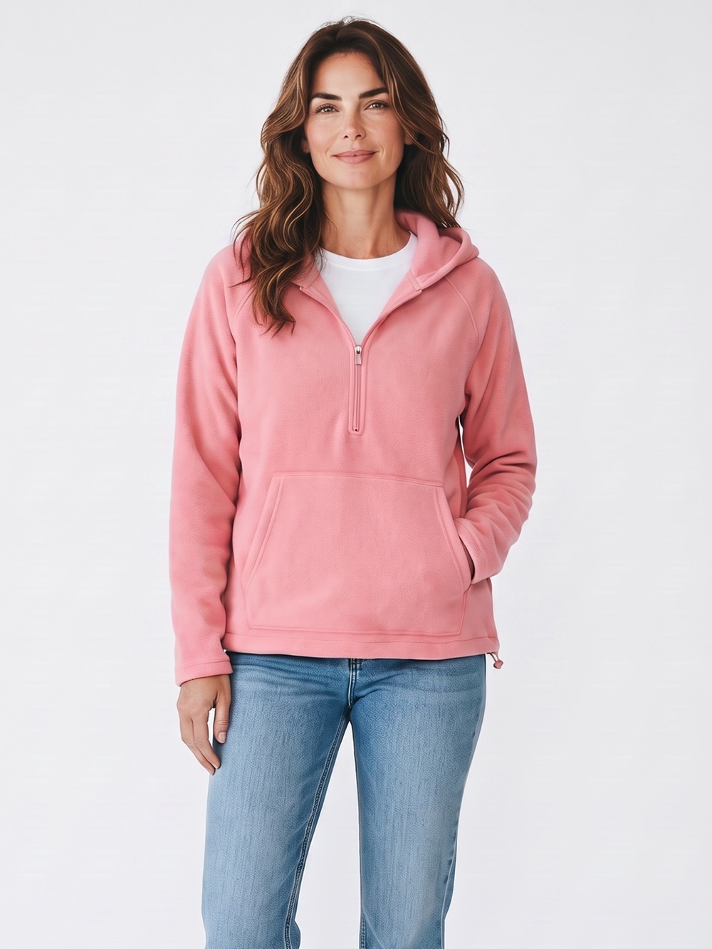 Bass Outdoor - NWT - Women’s Rose Pink Half-Zip Hooded Fleece Pullover